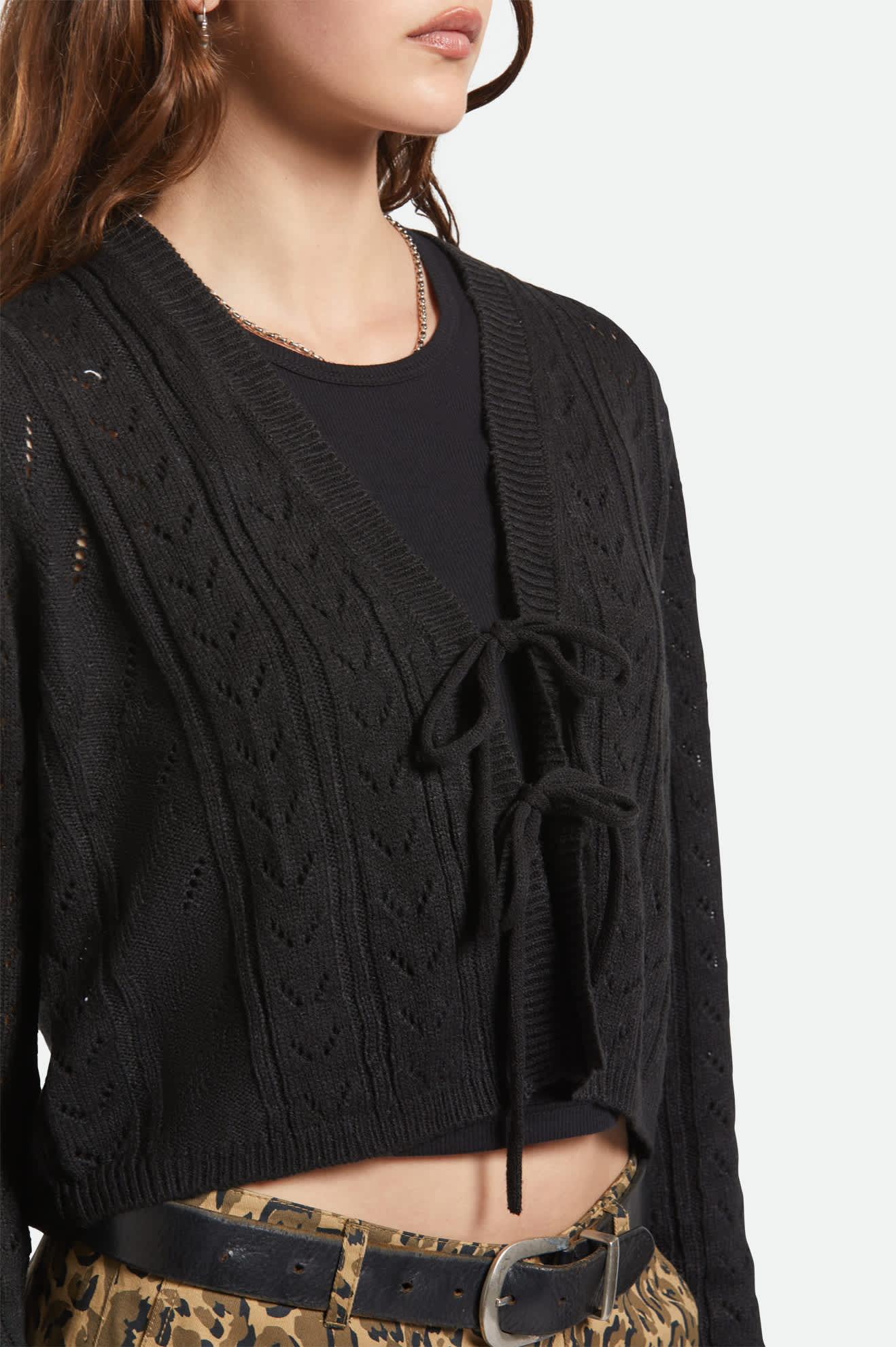 Cropped Pointelle Tie Cardigan - Image 3