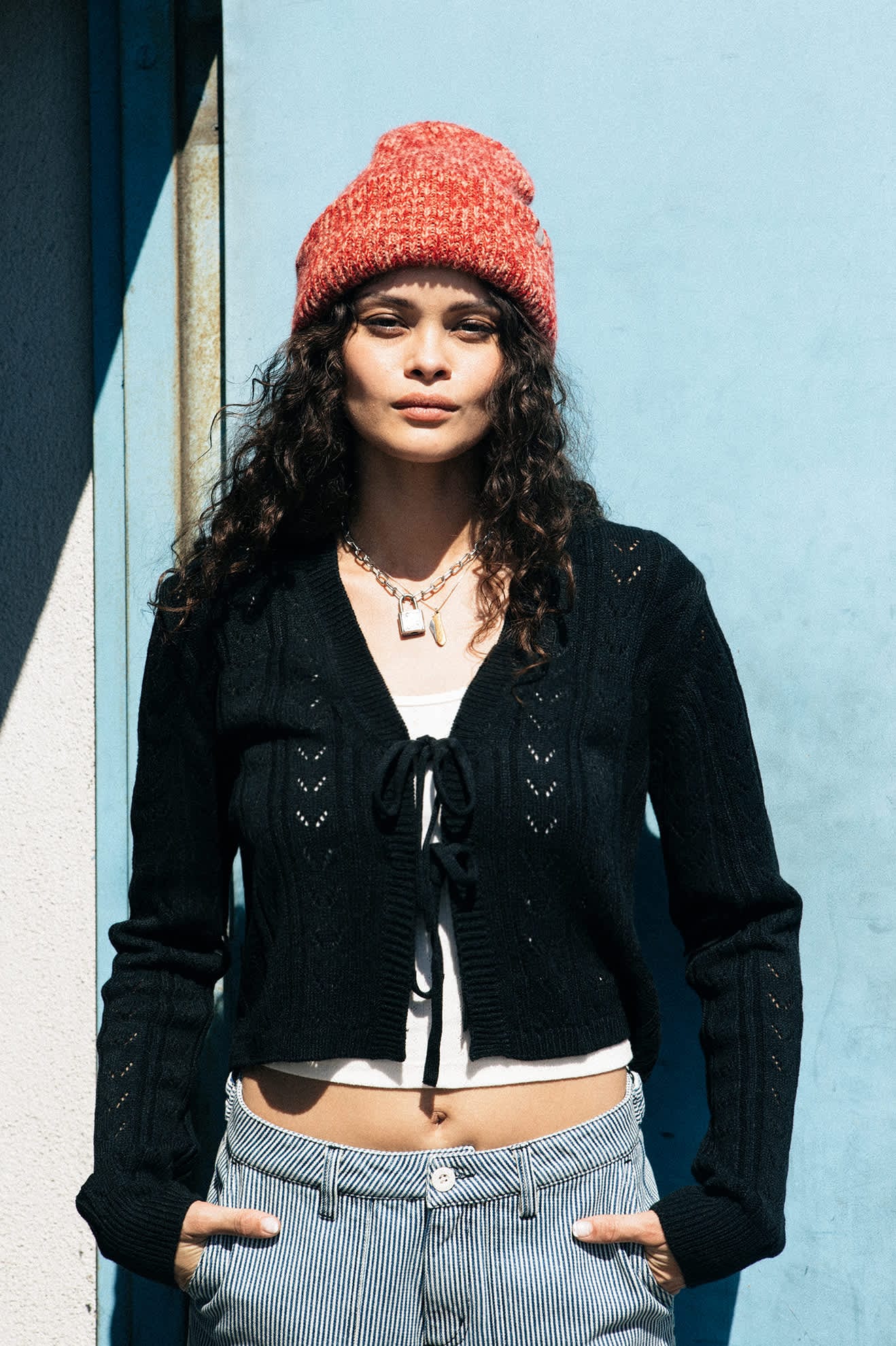 Cropped Pointelle Tie Cardigan - Image 4